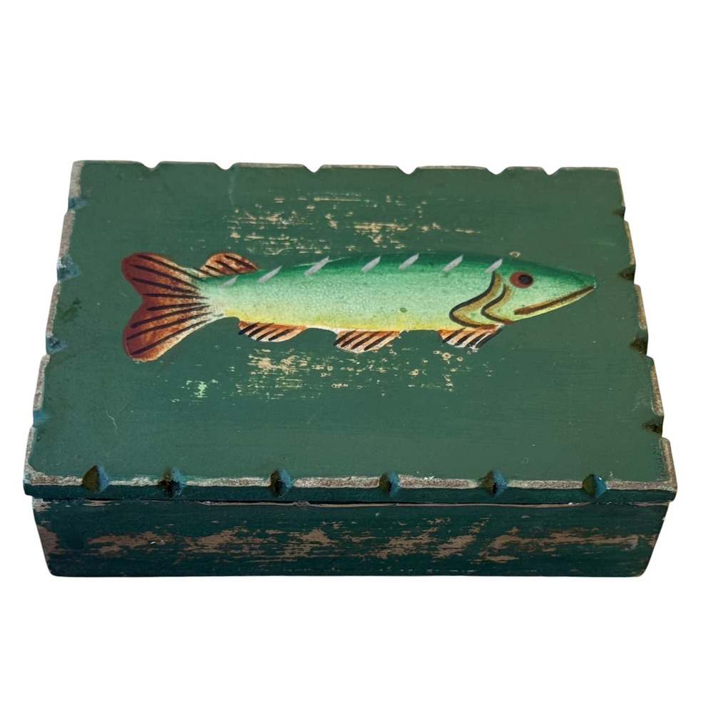 Midwest of Cannon Falls Wood Fish Box with Sealed Playing Cards Vintage Decor